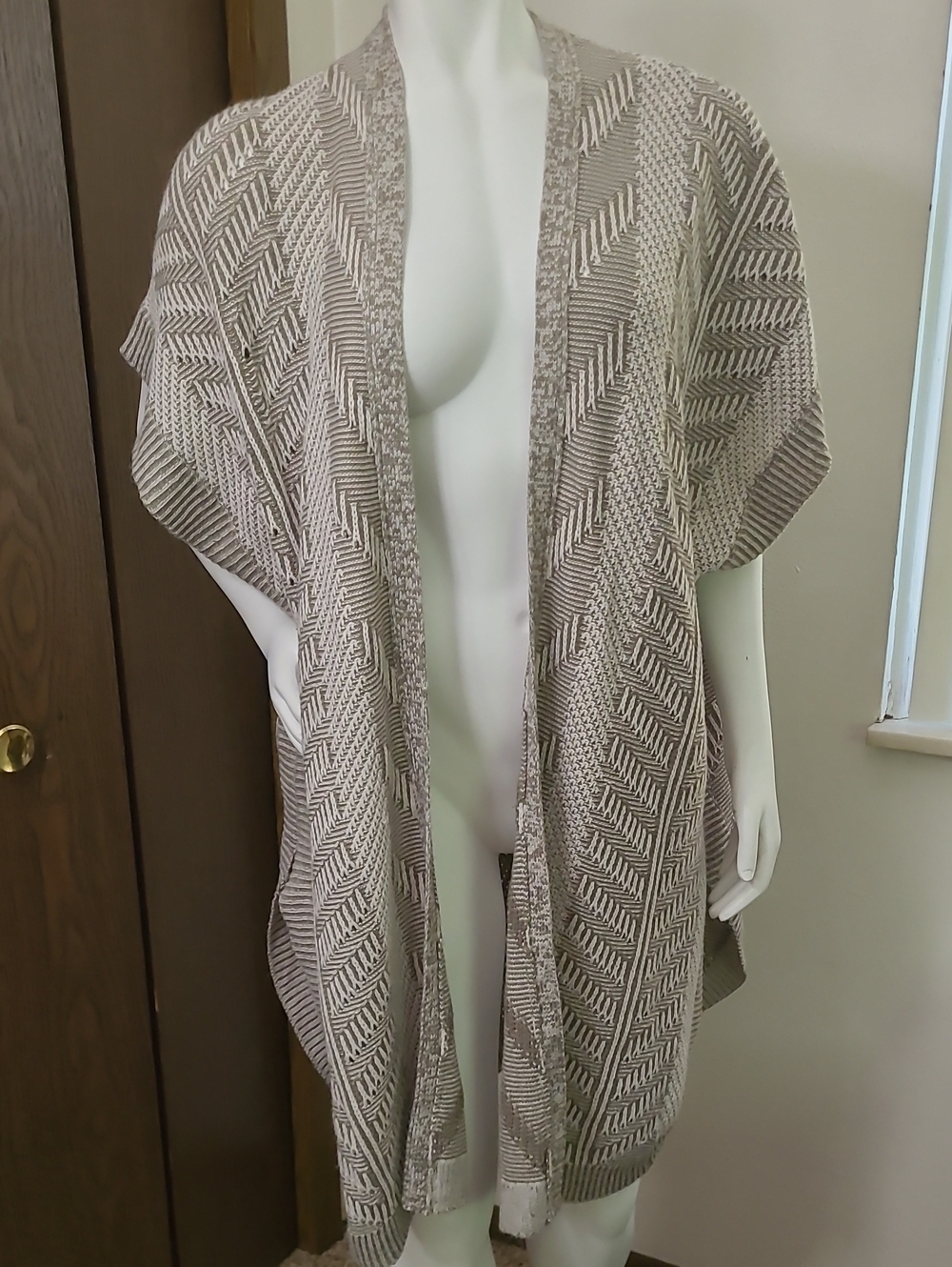 Gypsies & Moondust Taupe and Cream Chevron Knit Draped Cardigan